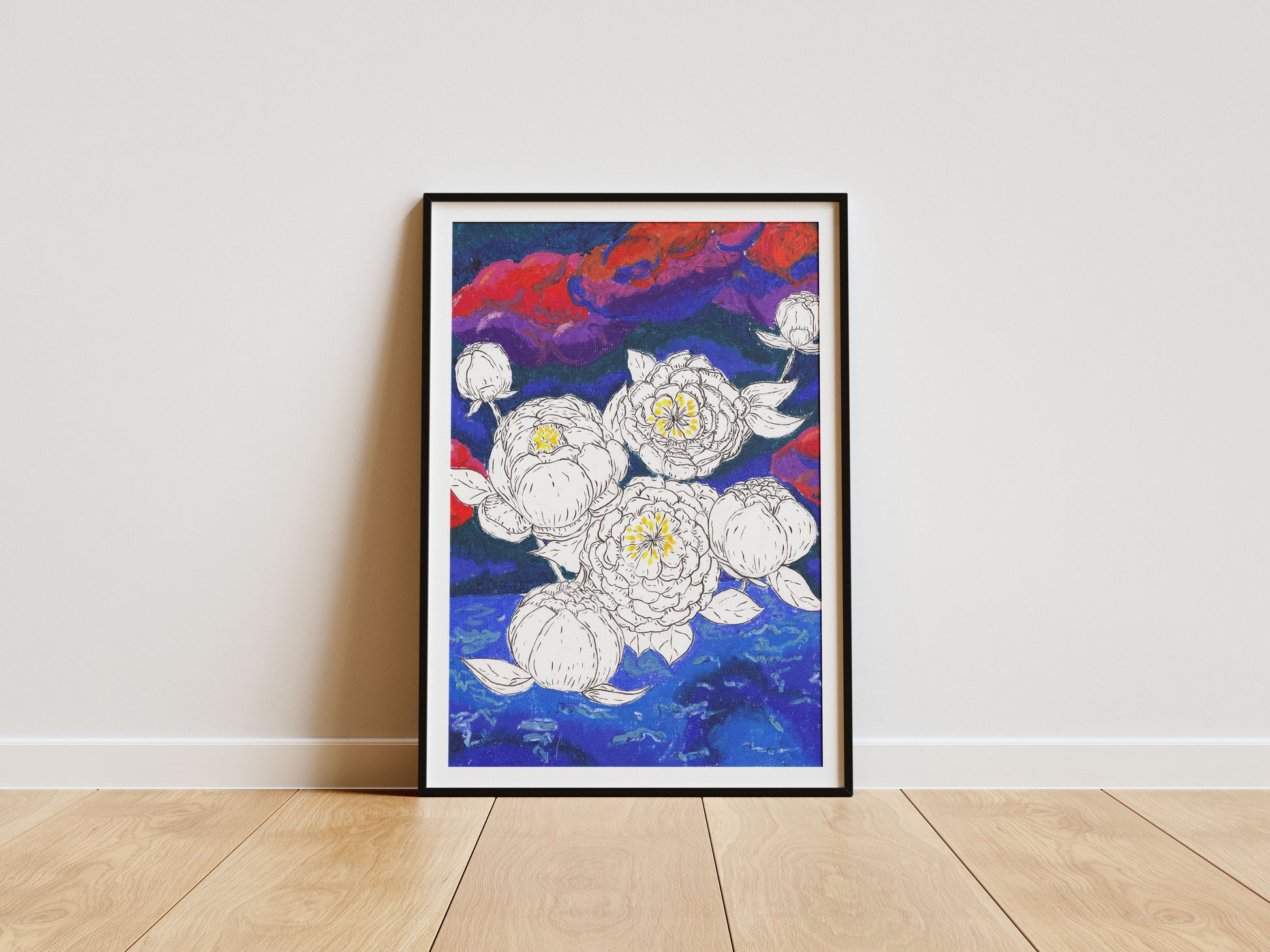 The Alchemy of Shift black and white peony ink drawing on dark oil pastel water background fine art print