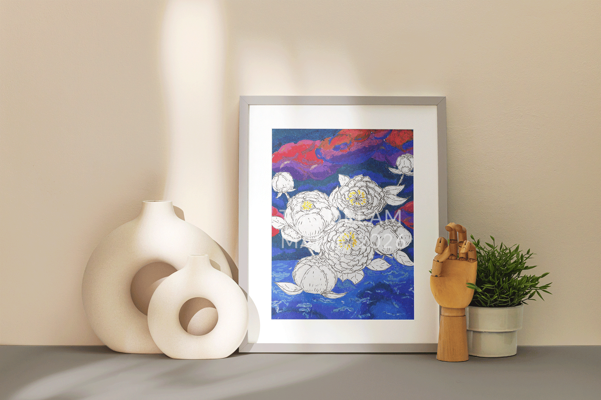 The Alchemy of Shift black and white peony ink drawing on dark oil pastel water background fine art print